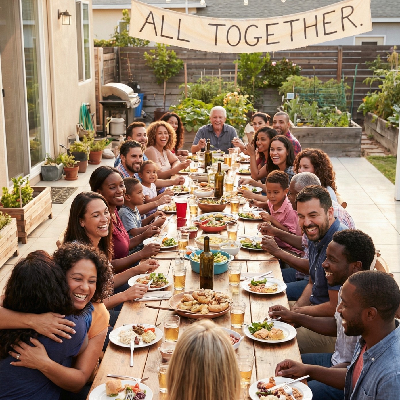 Original Maverick First community dinner photograph with a banner reading All Together.