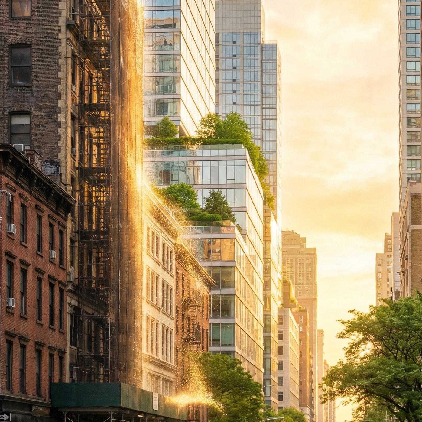 Original Maverick First city photograph with warm light pouring between buildings.