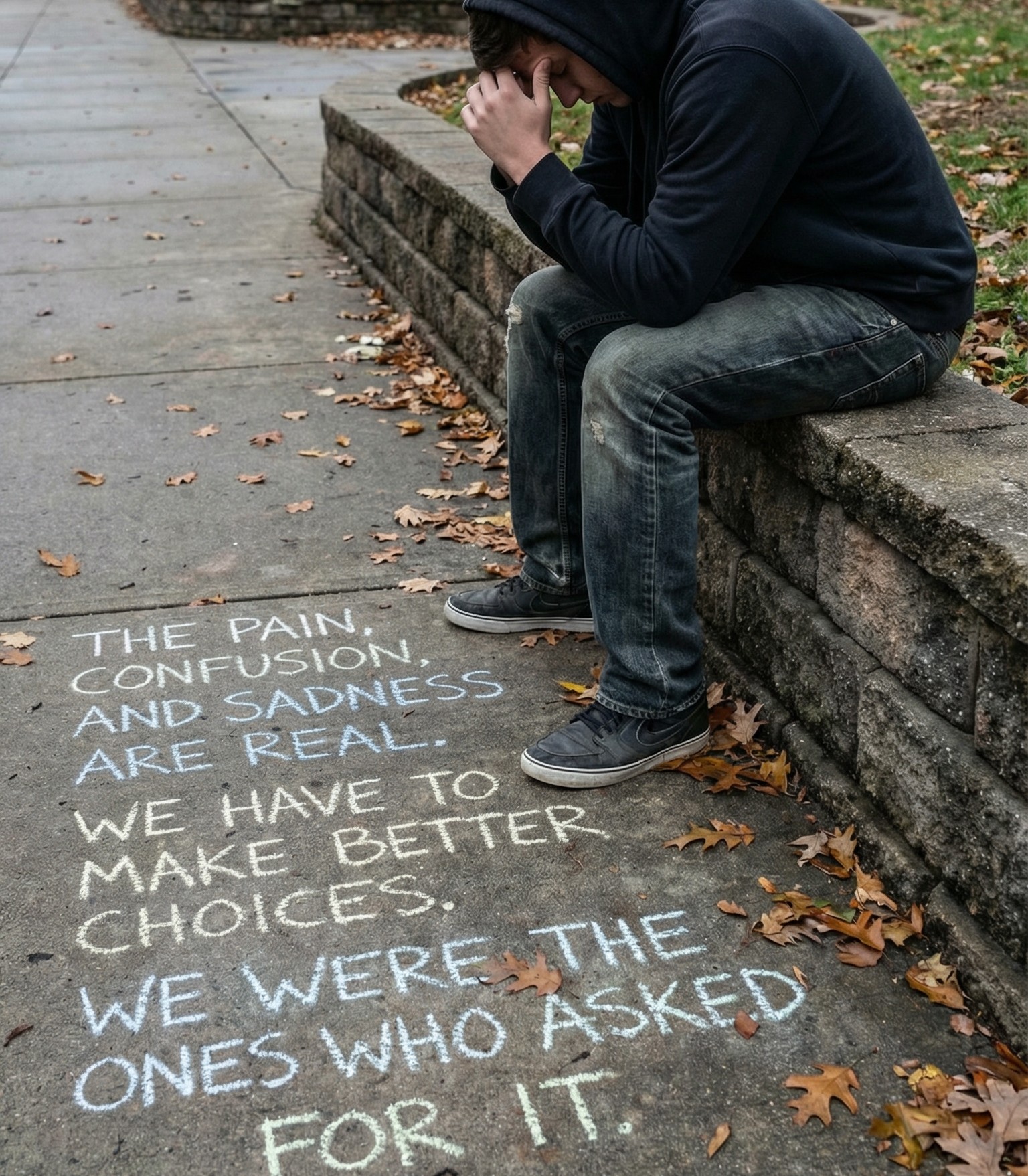 Original Maverick First photo of a person seated by a sidewalk message about pain, confusion, sadness, and choices.