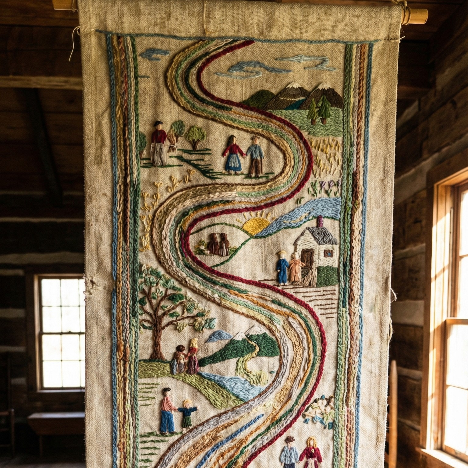 Original Maverick First textile artwork featuring winding multicolored paths through stitched scenes.