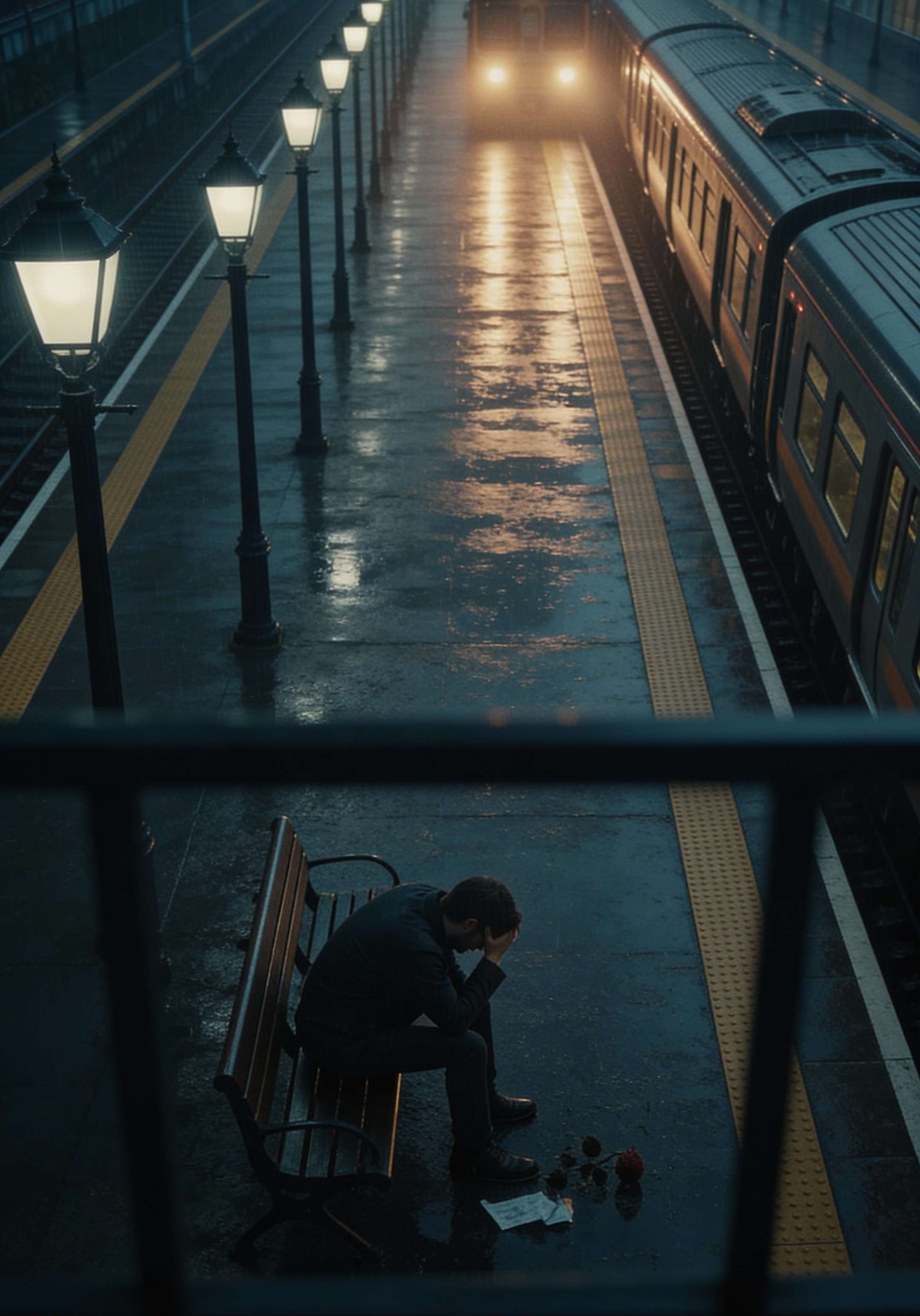 Original Maverick First night photograph of a lonely train platform and seated figure.